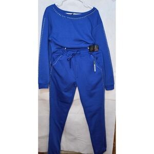Green Goddess Royal Blue Rhinestone Fleece Jogger Set Sweatshirt Pants M/L NWT